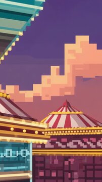 Pixelated Circus Tents and Sky at Sunset, Animated Digital Art Video, animasi video, wallpapper phone