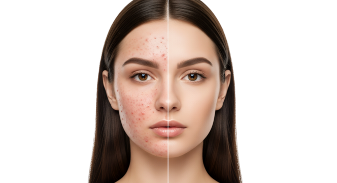 Before and After of a Woman's Face Showing Acne Treatment Results, Isolated on a Transparent Background, Demonstrating Clear Skin Transformation