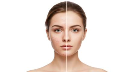 A young woman's face is split to show a before and after comparison of skincare treatment, contrasting problem skin with acne against a clear, healthy complexion. Isolated on a Transparent Background