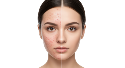 Before and After Comparison of a Woman's Face Showing Skin Improvement with Clear Skin Isolated on a Transparent Background