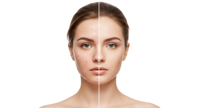 A young woman's face is split to show a before and after comparison of skincare treatment, contrasting problem skin with acne against a clear, healthy complexion. Isolated on a Transparent Background