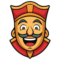 Cartoon king face with moustache and red hat. Jubilant King Vector Illustration