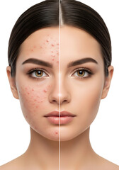 A comparative portrait of a woman's face, displaying a before and after view of skincare treatment from acne-prone to clear, healthy skin, Isolated on a Transparent Background