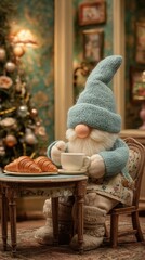 Christmas gnome sitting at small table in cozy dollhouse style living room