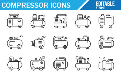 Industrial compressor icon pack including piston, rotary, and tank machines