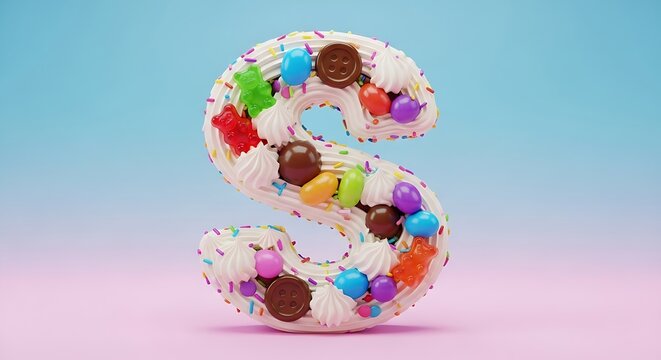 Delicious letter S creation with sweet topping and creamy frosting on a colorful background