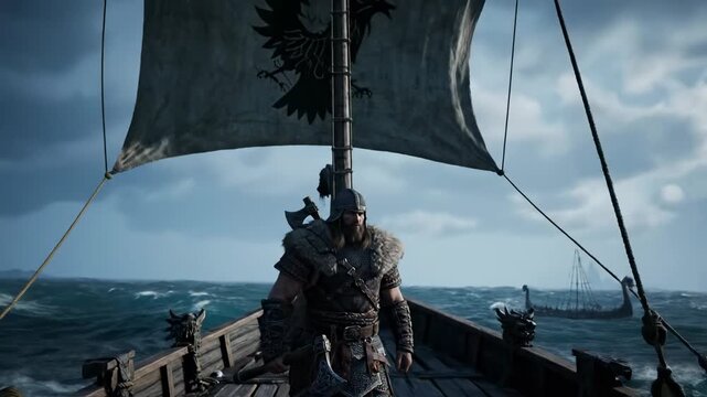 Viking Warrior at Sea - A powerful Viking warrior stands on the deck of his longship, axe in hand, as he sails across a turbulent sea.