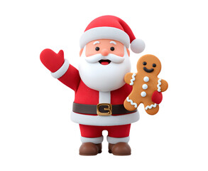 Cartoon santa claus holding gingerbread cookie with cheerful gesture on transparent background, PNG
