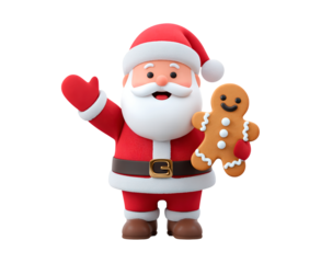 Cartoon santa claus holding gingerbread cookie with cheerful gesture on transparent background, PNG