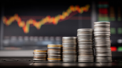 Tiered coin stacks in front of financial charts visualize compounding returns and represent diversified portfolio strategy, risk control, and sustainable wealth accumulation.
