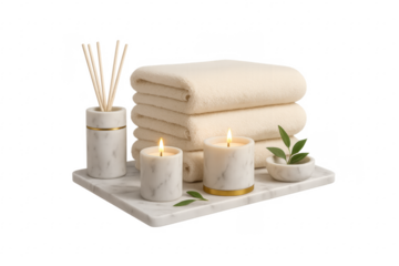 Burning candles and fluffy towels creating relaxing spa atmosphere on transparent background