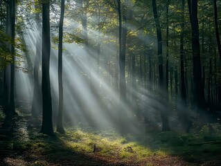 Obraz premium Forest with sunlight shining through the trees, creating a serene