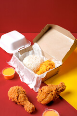 Cardboard lunch box with rice and cheesy fried chicken, two drumsticks and cheese dip on a red–yellow background. Clean fast-food setup for delivery menu, banner, or promo.