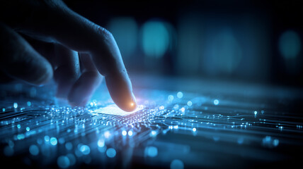 A fingertip activating a microchip on a circuit board illustrating human machine interaction and the concept of digital transformation, control, and intelligent technology.
