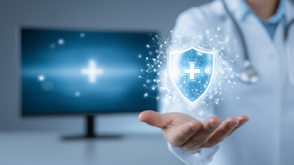 A healthcare security concept with a doctor presenting a shield marked with a medical cross, conveying patient safety, data privacy and trusted digital care.
