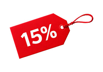 Red discount tag with 15 percent off in bold white text on transparent background, PNG