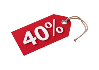 Red price tag with 40 percent discount label and rope string attachment on transparent background, PNG