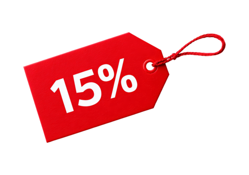Red discount tag with 15 percent off in bold white text on transparent background, PNG