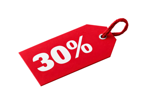 Red discount tag with 30 percent off on transparent background, PNG