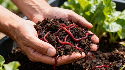 Hands holding rich compost with red wriggler worms, illustrating healthy vermicomposting in a garden.
