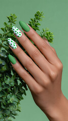 Matte Green Leaf Nail Art, manicure in Olive green colors &mdash; Spring Social Banner & Eco Polish Mockup