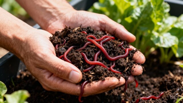 Hands holding rich compost with red wriggler worms, illustrating healthy vermicomposting in a garden.