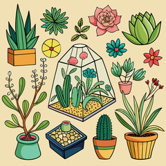 Succulent Plants and Garden Flowers Botanical Illustration Set with Terrariums and Floral Decor
