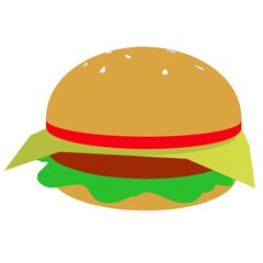 Cartoon Burger Illustration – Cute Fast Food Icon with Cheese, Lettuce, and Tomato
