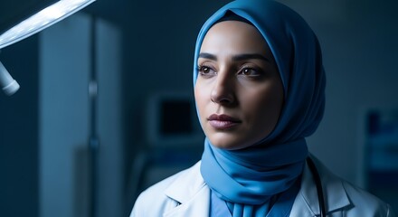 A determined female doctor wearing a blue hijab and a white lab coat, illuminated by a surgical light in a dimly lit medical setting.