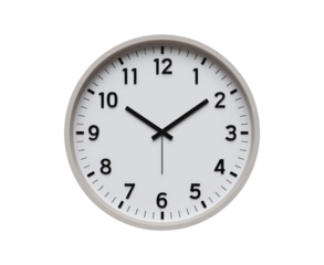 Classic round wall clock with black hands and hour marks on white face on transparent background, PNG