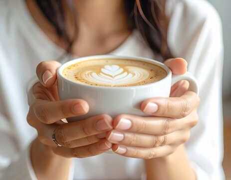 hiperrealista en plano cercano de una persona an&oacute;nima sujetando una taza de caf&eacute; ar&aacute;bico cremoso, con espuma y textura visible en la superficie. La taza se muestra claramente enfocada en primer plano,
