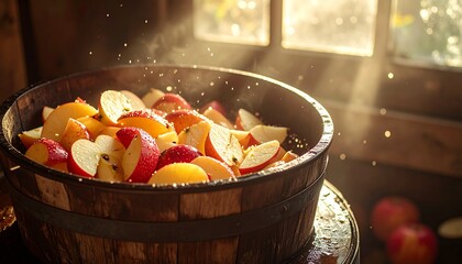 Apples sliced in a wooden barrel steaming in the warm sunlight from a window, a rustic scene of autumn harvest and cider making.