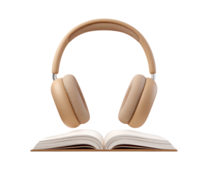 Brown headphones and open book on transparent background, PNG