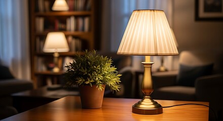 Cozy living room interior with lamps, potted plant, soft light and comfortable chairs, a quiet and