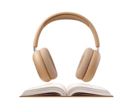 Brown headphones and open book on transparent background, PNG