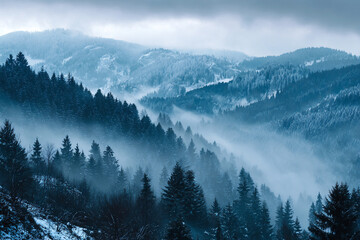 Misty mountain landscape snow covered trees winter forest serene nature
