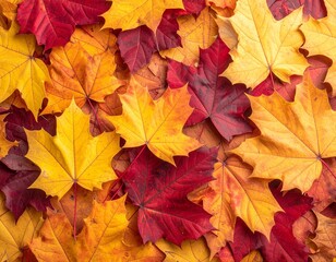 Autumn background with a pile of colorful red, orange, and yellow maple leaves.