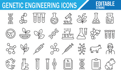 Line art genetic engineering icons set including DNA helix, laboratory flask, microscope, petri dish, syringe, plant, molecule, livestock, test tube, research document, and biotechnology outline symbo