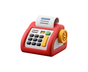 Red toy cash register with colorful buttons and roll of receipt paper on display on transparent background, PNG