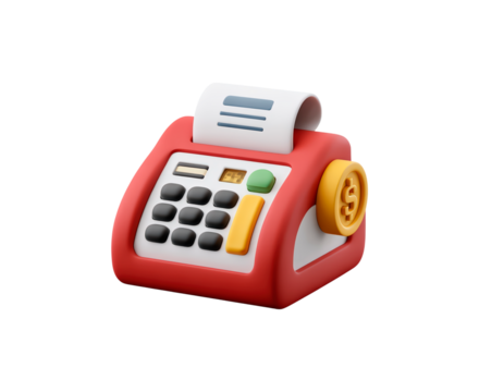 Red toy cash register with colorful buttons and roll of receipt paper on display on transparent background, PNG