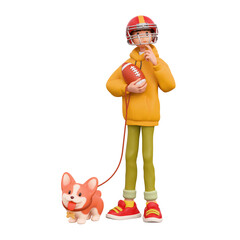 3d rendering of stylized thoughtful asian teen boy in hoodie, red sports helmet, holding american football ball, standing touching chin with hand, thinking, holding corgi dog on leash white background