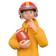 3d rendering portrait of stylized thoughtful asian teen boy in casual clothes, yellow hoodie, red sports helmet, holding american football ball, touching chin with hand, thinking on white background.