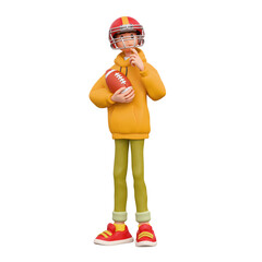 3d rendering of stylized thoughtful asian teen boy in casual clothes, yellow hoodie, red sports helmet, holding american football ball, standing touching chin with hand, thinking on white background.