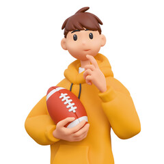 3d rendering portrait of cute stylized thoughtful asian brunette teen boy in casual clothes, yellow hooded shirt, holding american football ball, touching chin with hand, thinking on white background.