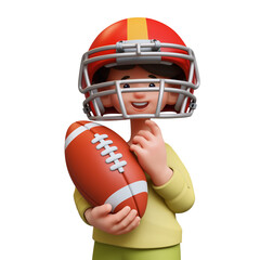 3d rendering portrait of stylized thoughtful asian child girl in casual clothes, green pullover, red sports helmet, holding american football ball, touching chin with hand, thinking, white background.