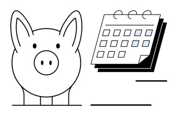 Piggy bank next to a calendar, symbolizing budgeting, saving goals, and financial planning. Ideal for savings, money management, deadlines, future focus, personal finance investment simple flat