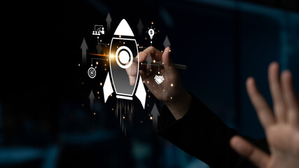 Startup launch and business growth concept, rocket symbolism, entrepreneurship, startup innovation,...