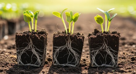 Young seedlings with visible roots growing in individual soil blocks, showcasing early plant development and healthy root systems.