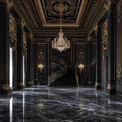 The palace hall is an elegant black space with golden details and marble flooring.