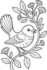 Hand drawn bird outline black and white illustration vector for coloring page on white background